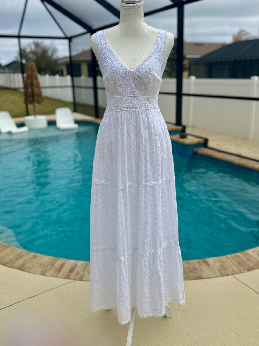 Magic, Sleeveless Eyelet Embroidered Tiered Maxi Dress, Size M